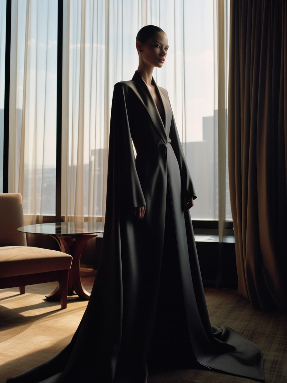 AI generated: a woman standing in a room next to a table, vman magazine, wearing dramatic aristocrat robe, long - ...