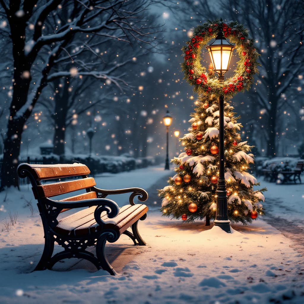 AI generated: Christmas bench, with street lamp illuminating, in park, while snow falls, cover, detailed 4k, the b...