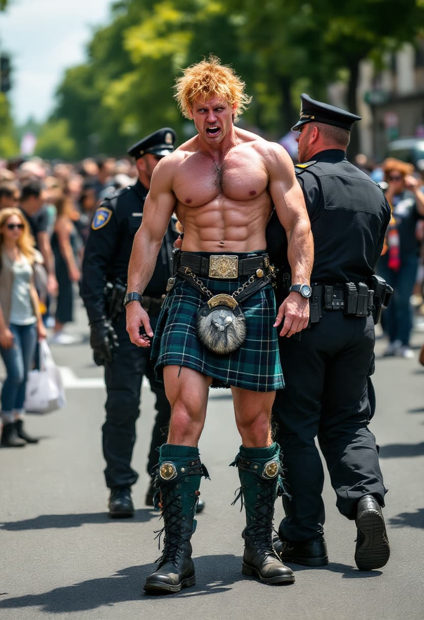 AI generated: high-resolution full body photo muscular man, show boots, reddish blonde hair, stupid, dazed express...