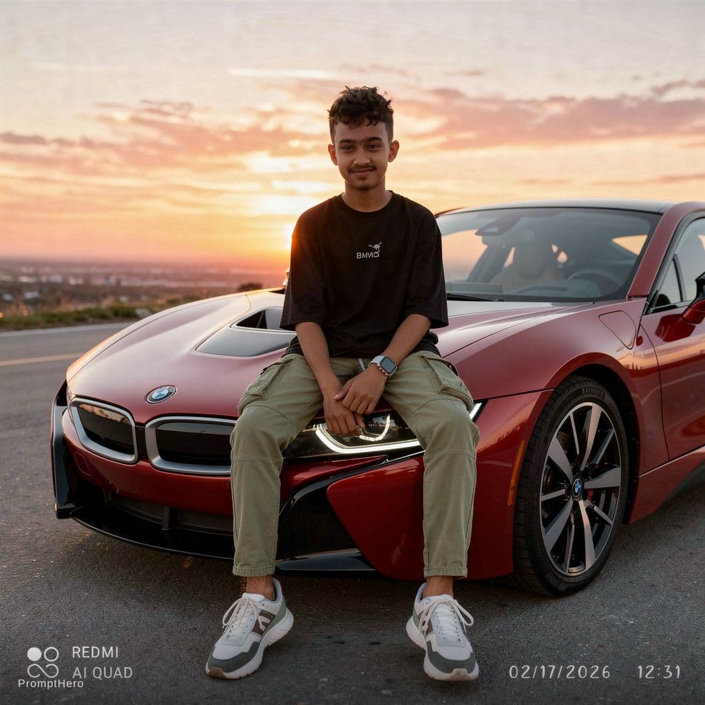 AI generated: I wante the boy site on the BMW I8 car bonnet.the car is red color.the nice sun set wante background...