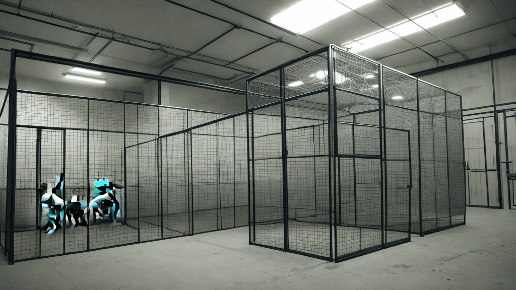 AI generated: A secret laboratory with cages with animals
