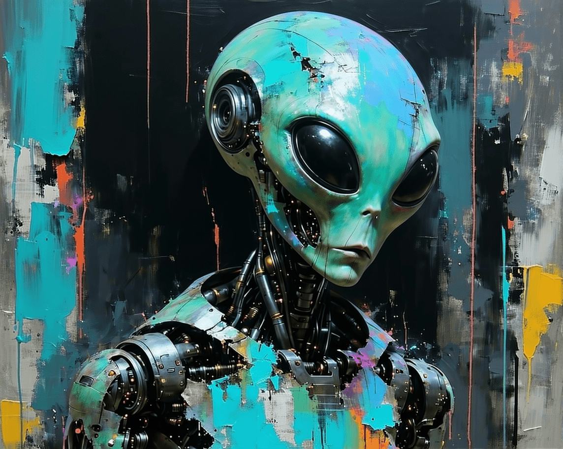 AI generated: Create a terrifying random distressing image as a mixed media artwork. Create a full length  image o...