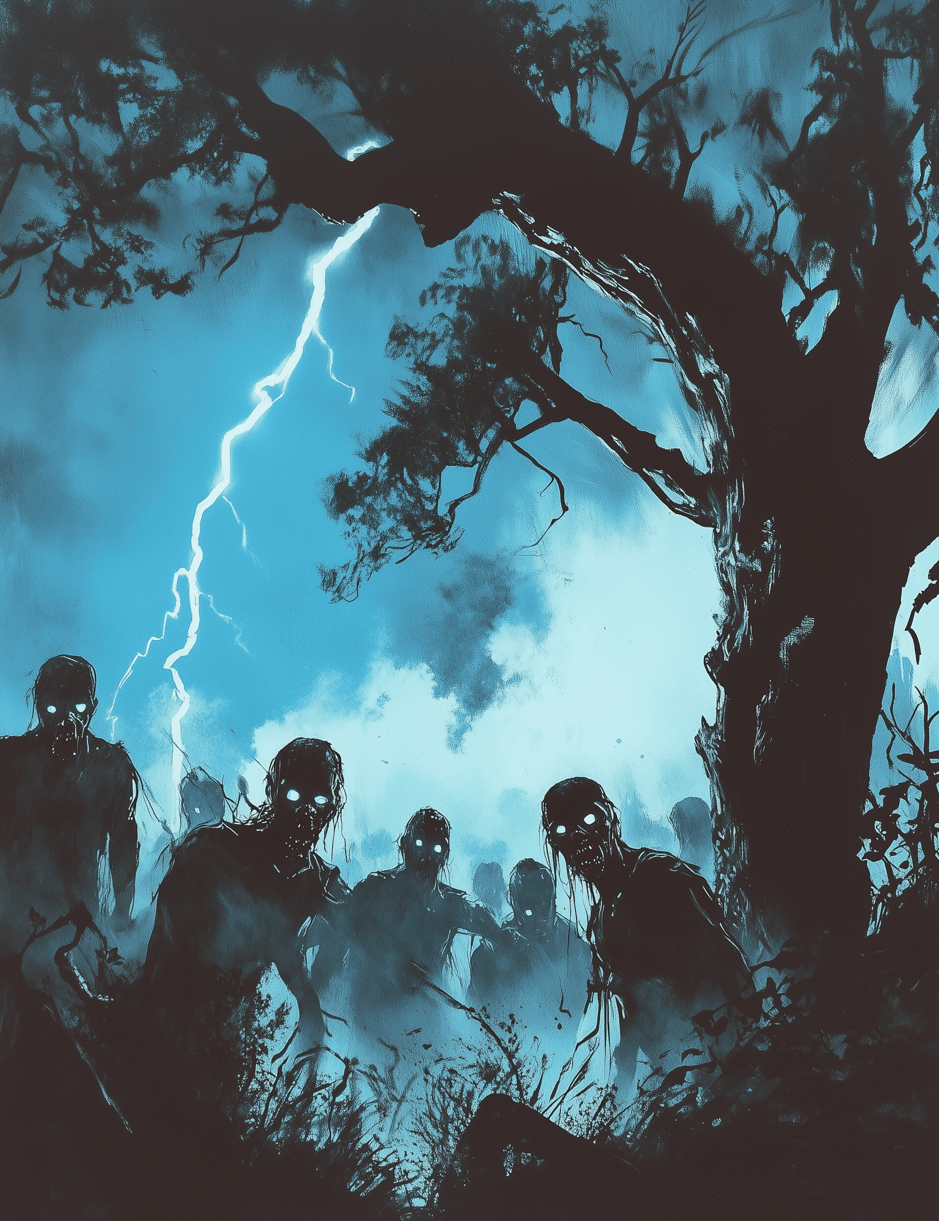 AI generated: A group of zombies, standing under a tree at night with lightning in their eyes and white mist surro...