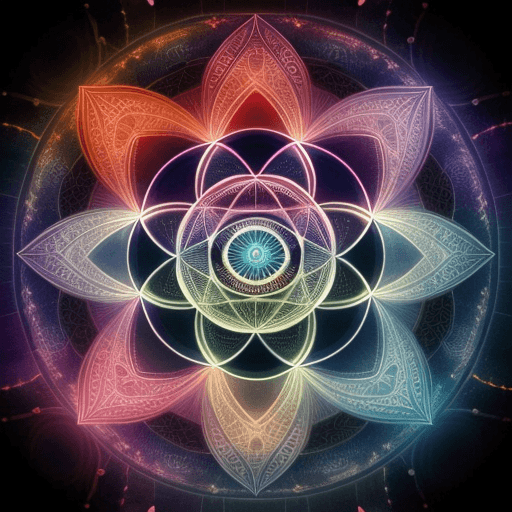 AI generated: nautical, all seeing eye of Horus, multi colored, torus energy field, The flower of life.