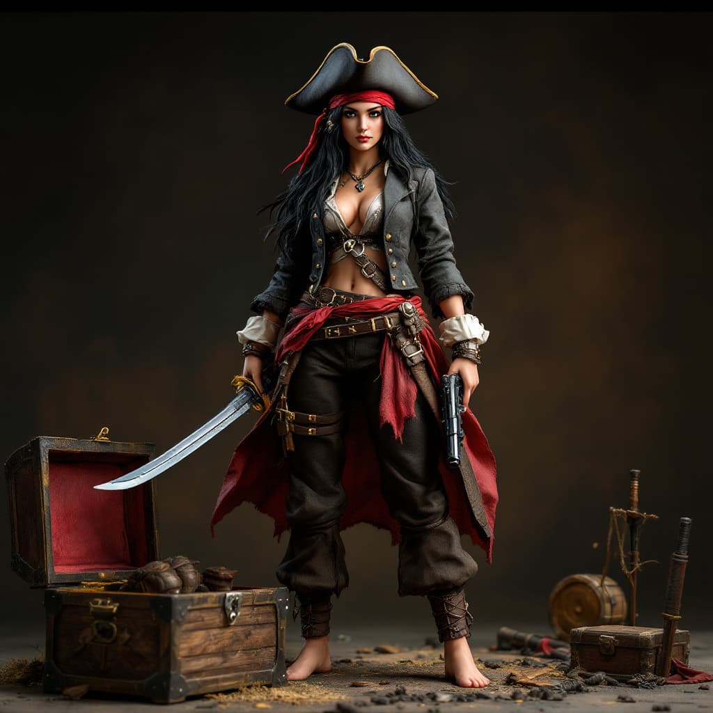 AI generated: Full body view of  a Gorgeous pirate woman, , full body, black hair, withe jacket, pirate hat, red b...