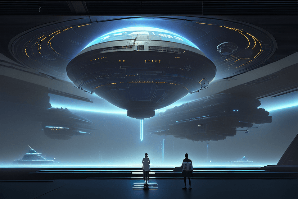 AI generated: sketches blueprint of futuristic sci-fi huge spacecraft, warp engines, formulas and annotations, sch...