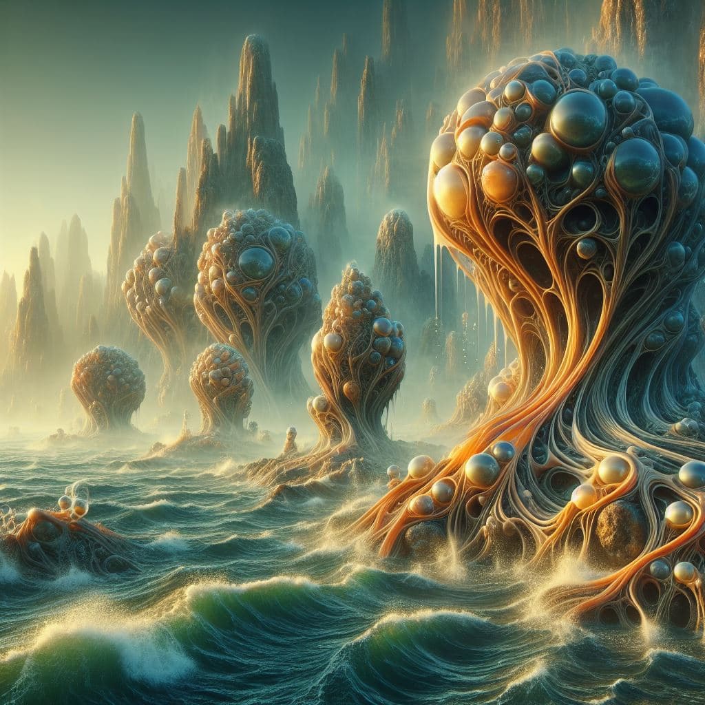 AI generated: surreal fantasy alien waterworld scene, biomorphic alien life forms, underwater liquid ecosystem, im...