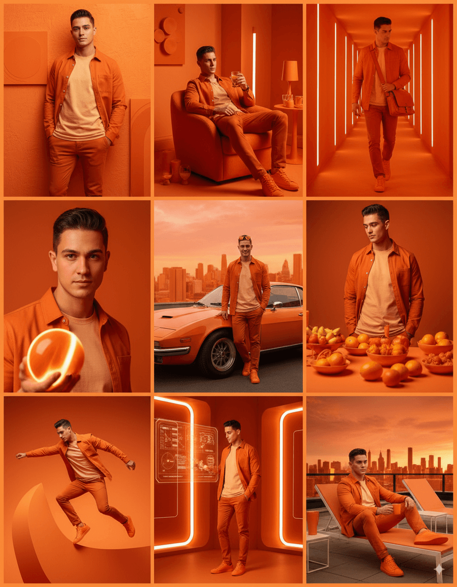 AI generated: A collage of 9 editorial-style photos with an orange color theme. The background, all objects, items...