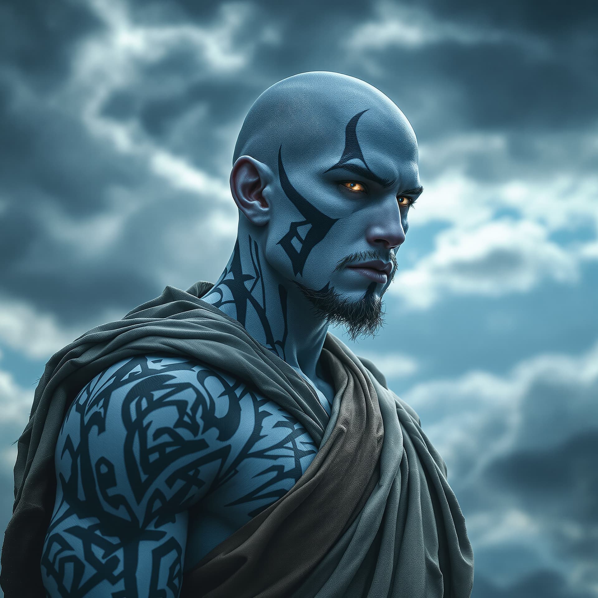 AI generated: Photo of a ultra realistic portrait, dramatic light, young male humanoid, tribal tattoos, sky blue s...
