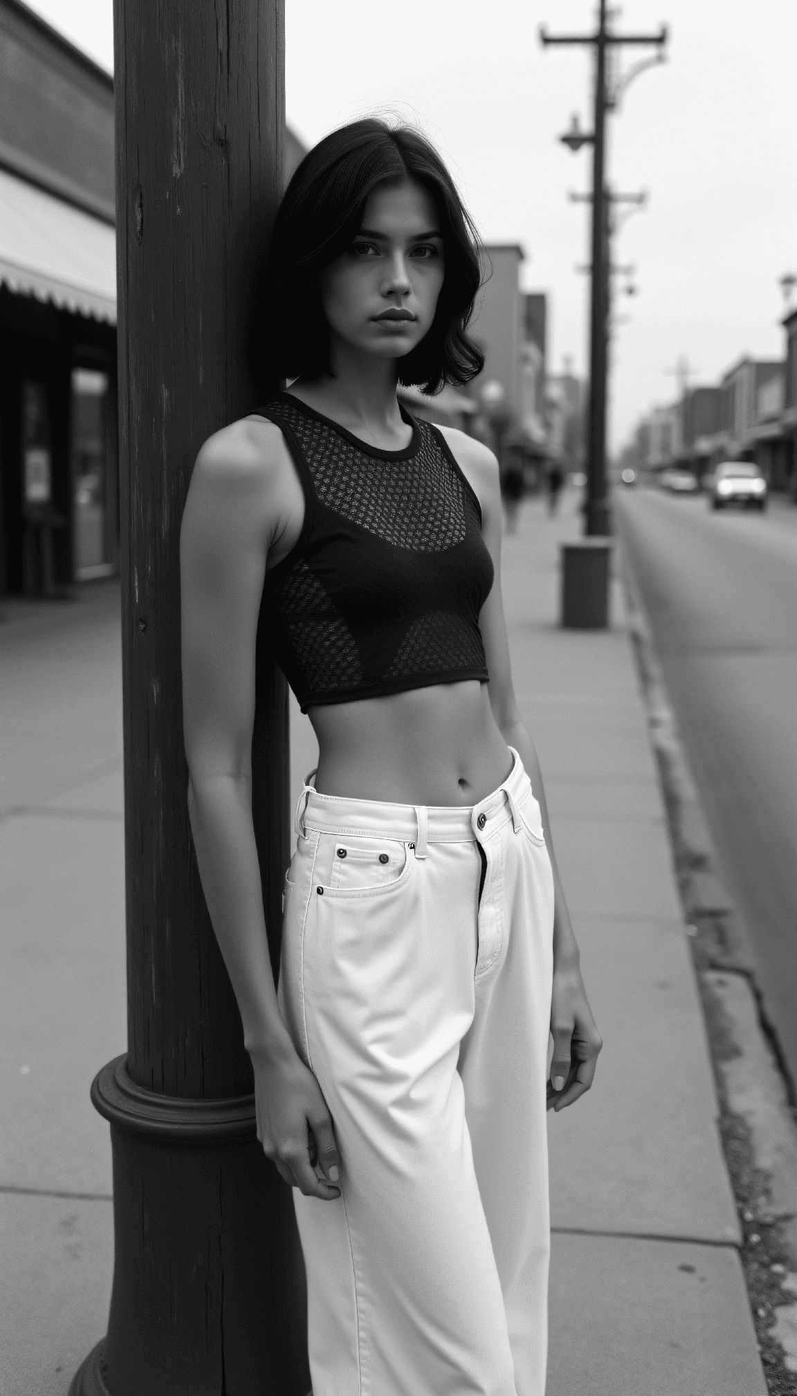 AI generated: dystopian style Black and white fashion photography of a young Ilocano-Dutch woman in her mid-twenti...