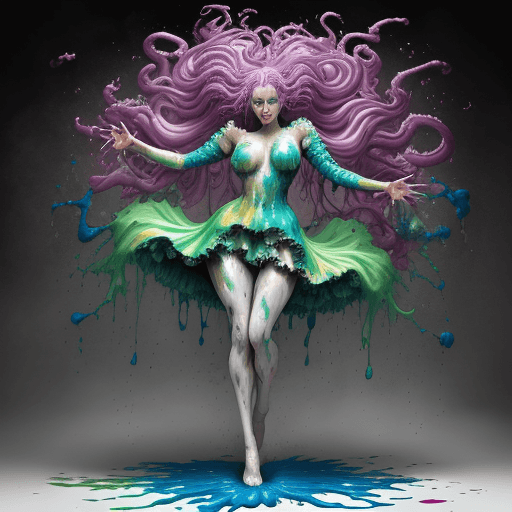 AI generated: FluidArt, woman covered in paint, dancer pose, photoshoot pose, dramatic, tri-color, long sleeved fr...