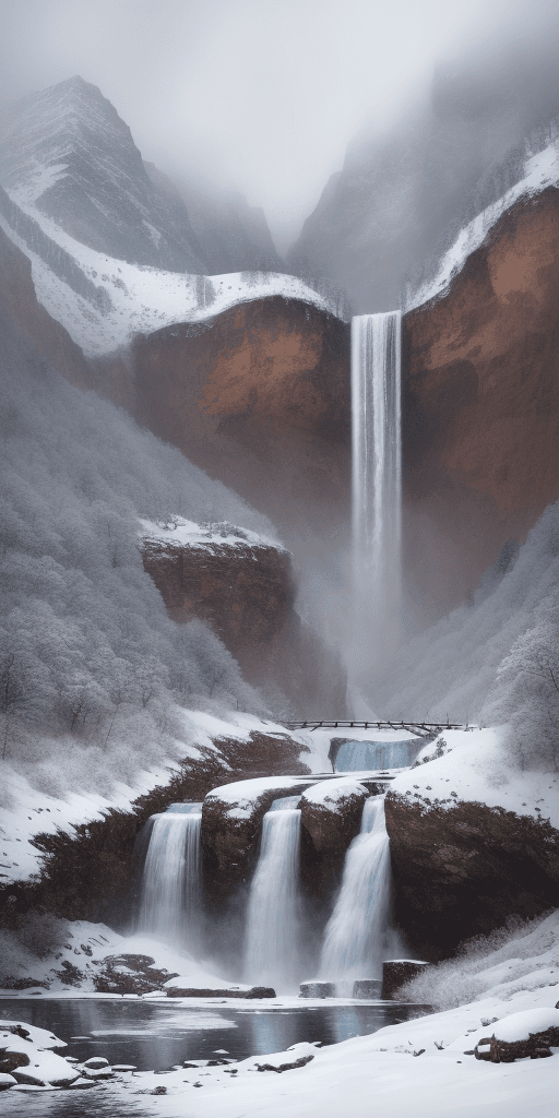 AI generated: a snowy winter landscape with waterfall in background