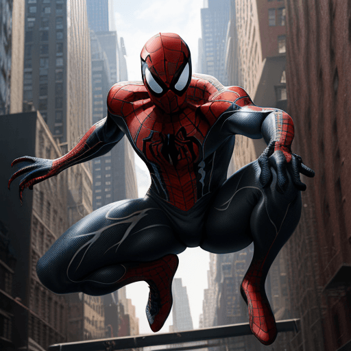 AI generated: venom suit spider man, New york street as background, ray traicing, High detail color photo, a profe...