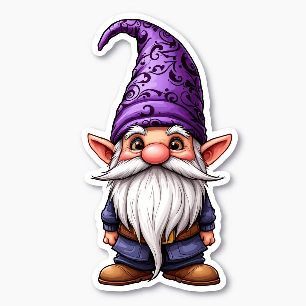 AI generated: A highly detailed full-body cartoon sticker of a whimsical gnome character. The gnome is wearing a v...