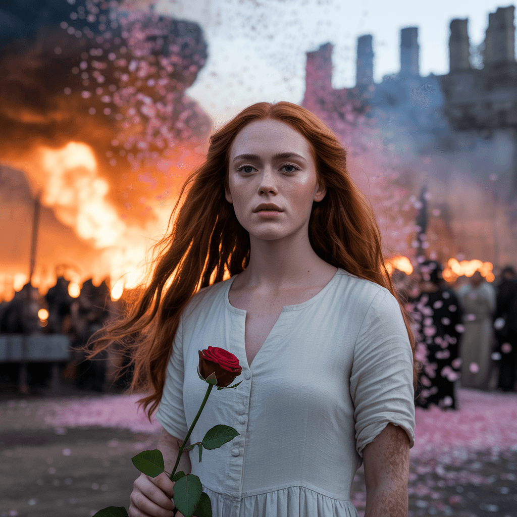 AI generated: the girl walks towards the camera while behind her the battle rages, fires burn and petals fall.