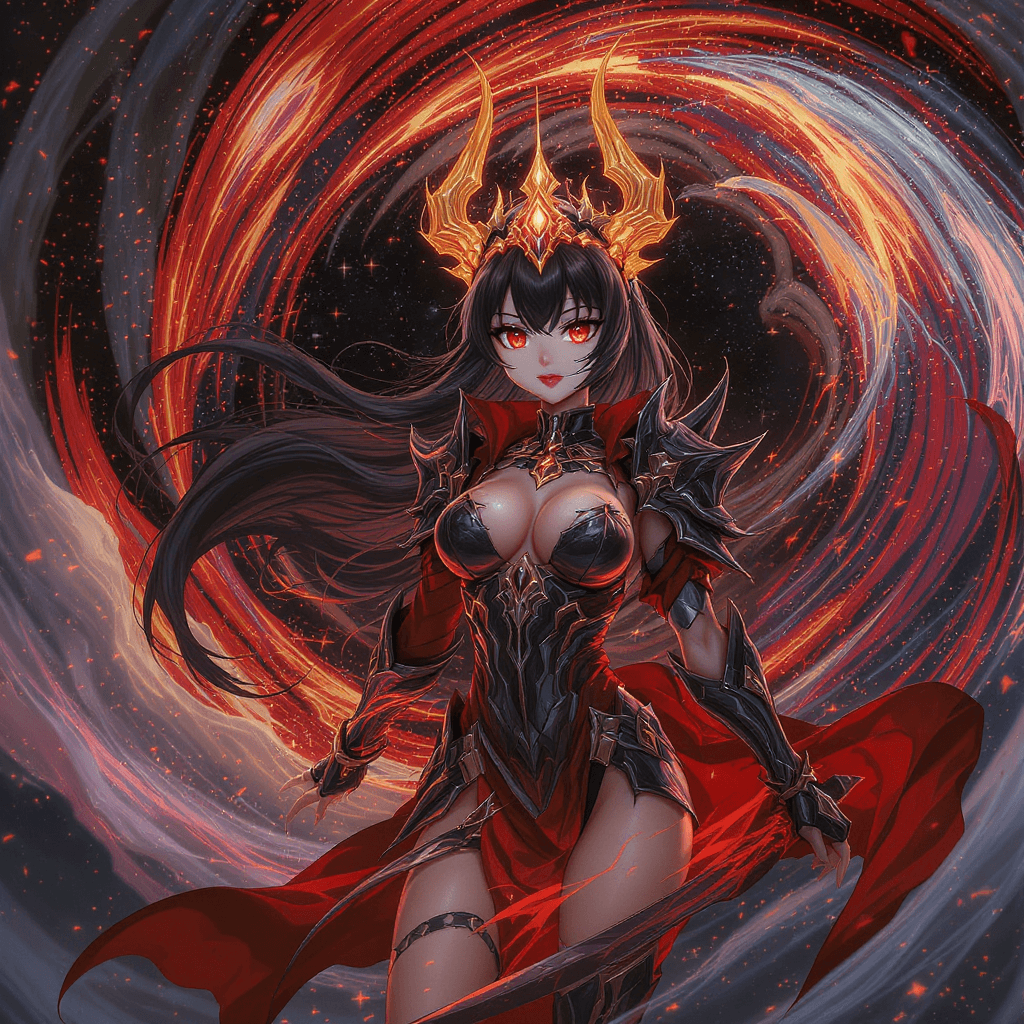 AI generated: beautiful anime woman with straight black hair and bangs, wearing an ornate dark magical armor, glow...