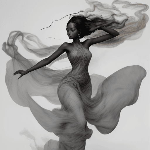 AI generated: a Sudanese woman's form floating across an image with smoke,laghhing in the style of ink wash painti...