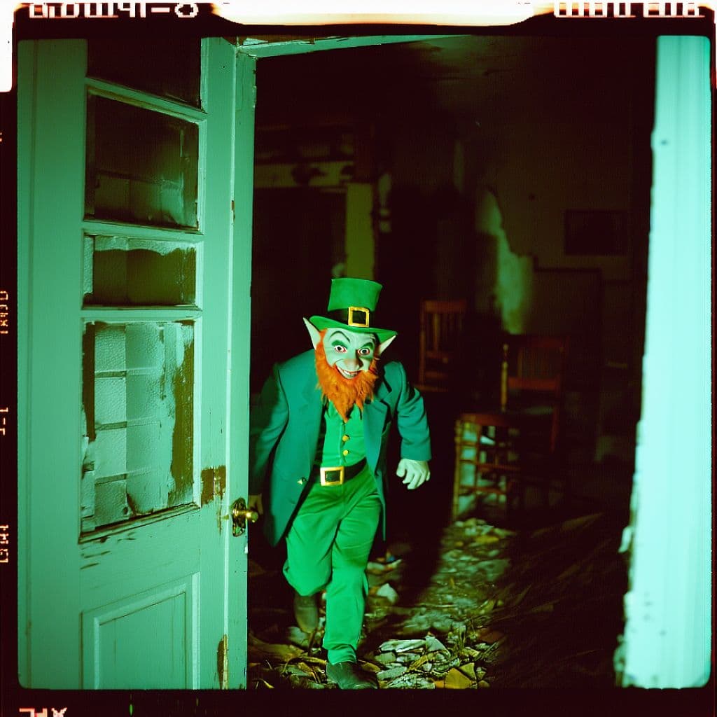 AI generated: grainy 80's photograph quality polaroid of a leprechaun caught in an abandoned house, dark