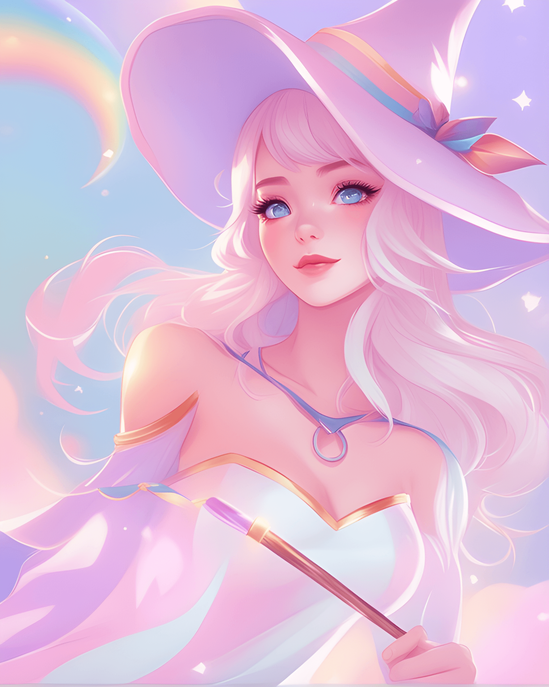 AI generated: a close up of a cartoon girl with a hat and a wand, rossdraws pastel vibrant, jen bartel, bright wit...