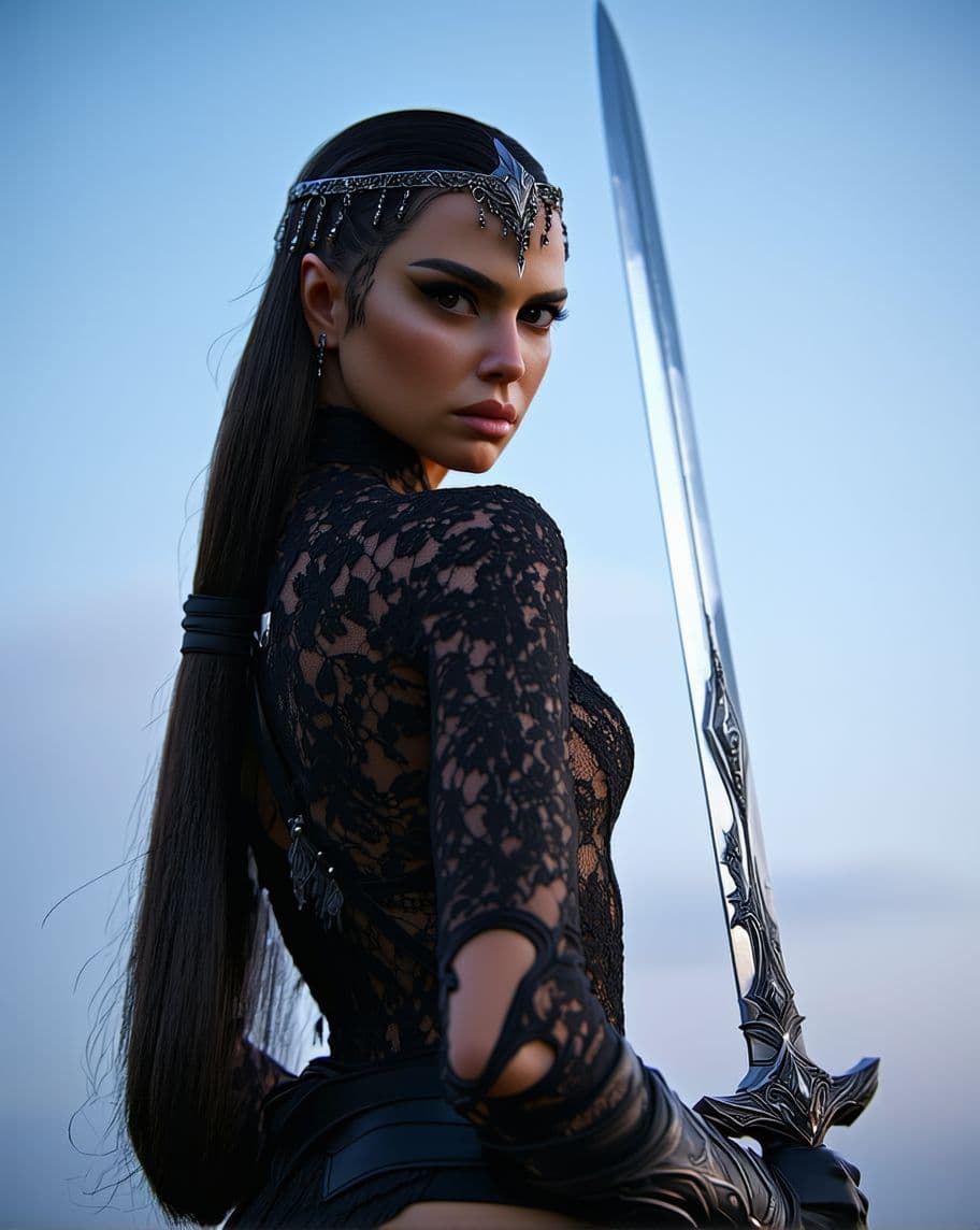 AI generated: "A warrior princess clad in a black lace bodysuit, holding a sword with a determined expression. Her...