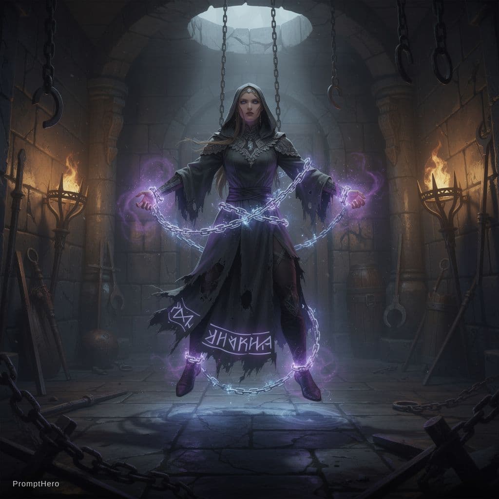 AI generated: A witch tied naked in a torture chamber

