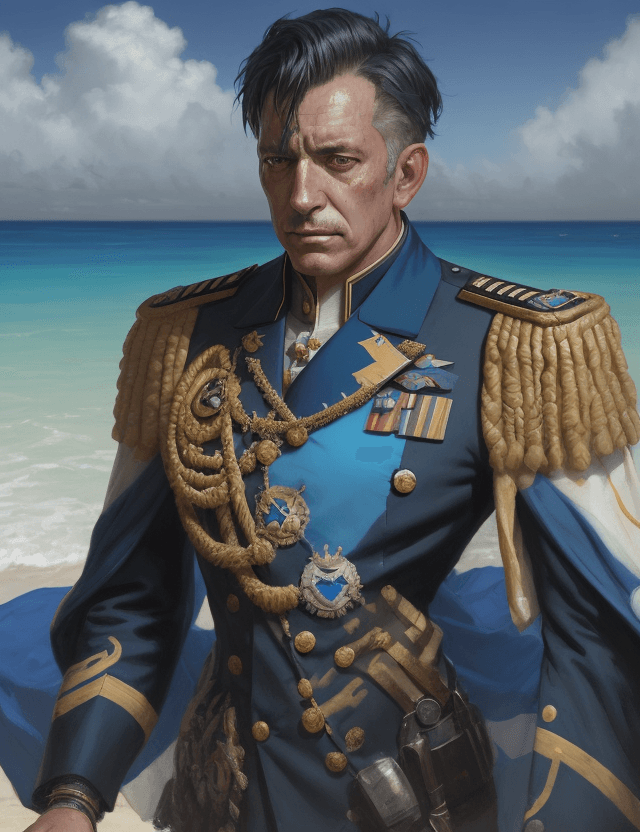 AI generated: A depressed turned crazy male admiral in blue and golden tattered uniform on a tropical beach by Gre...