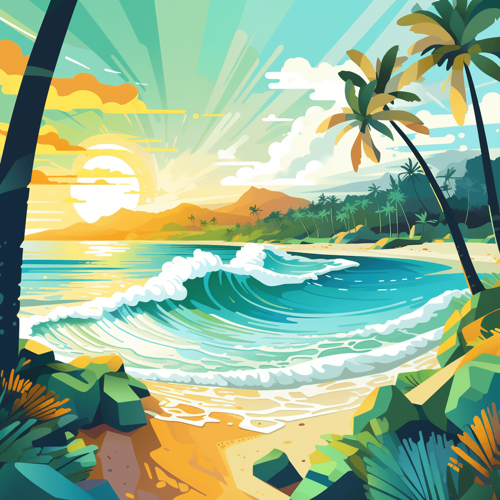 AI generated: 
Flat illustration of a beach, vibrant lines and shapes, abstract design style, Polynesian Art, tur...