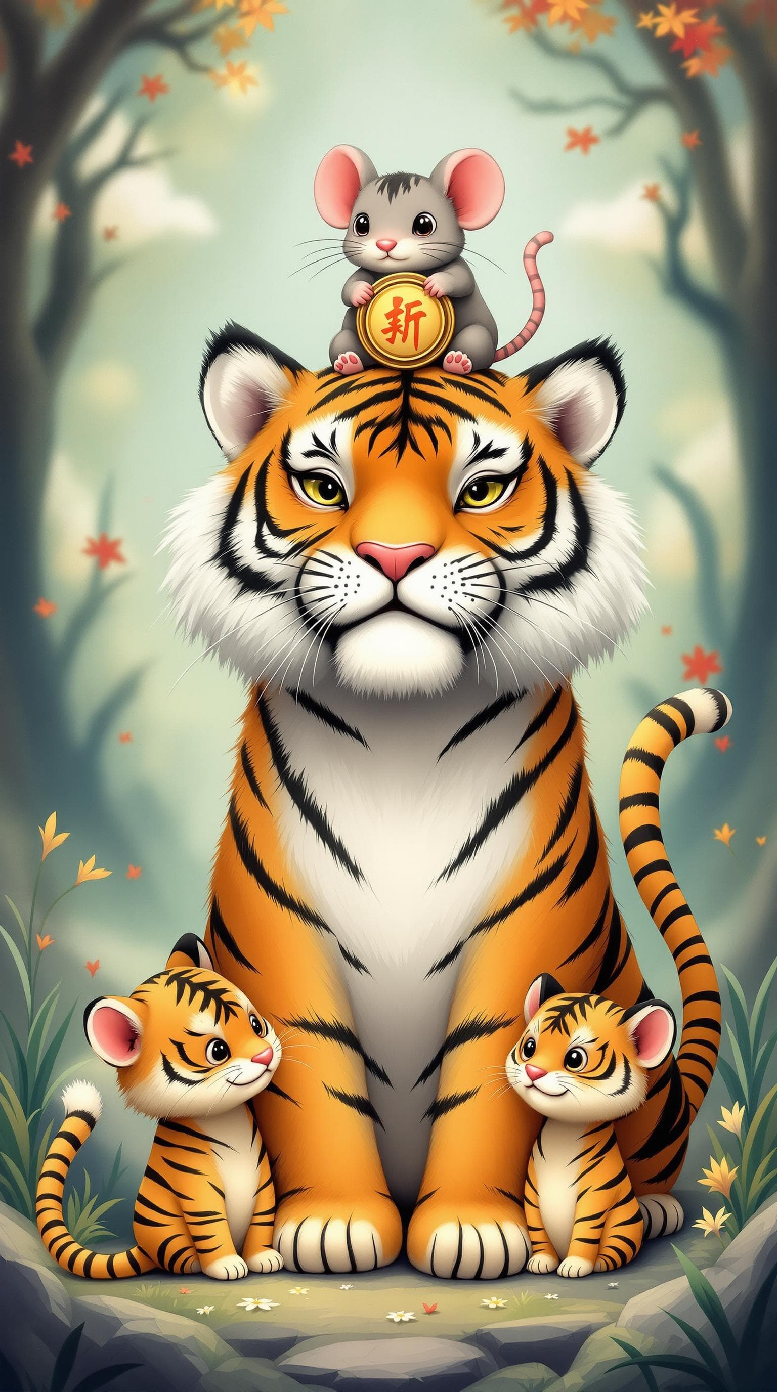 AI generated: kawaii art,a tiger and two tiger cubs, and a oversized mouse ,with a mouse on the tiger's head, the ...