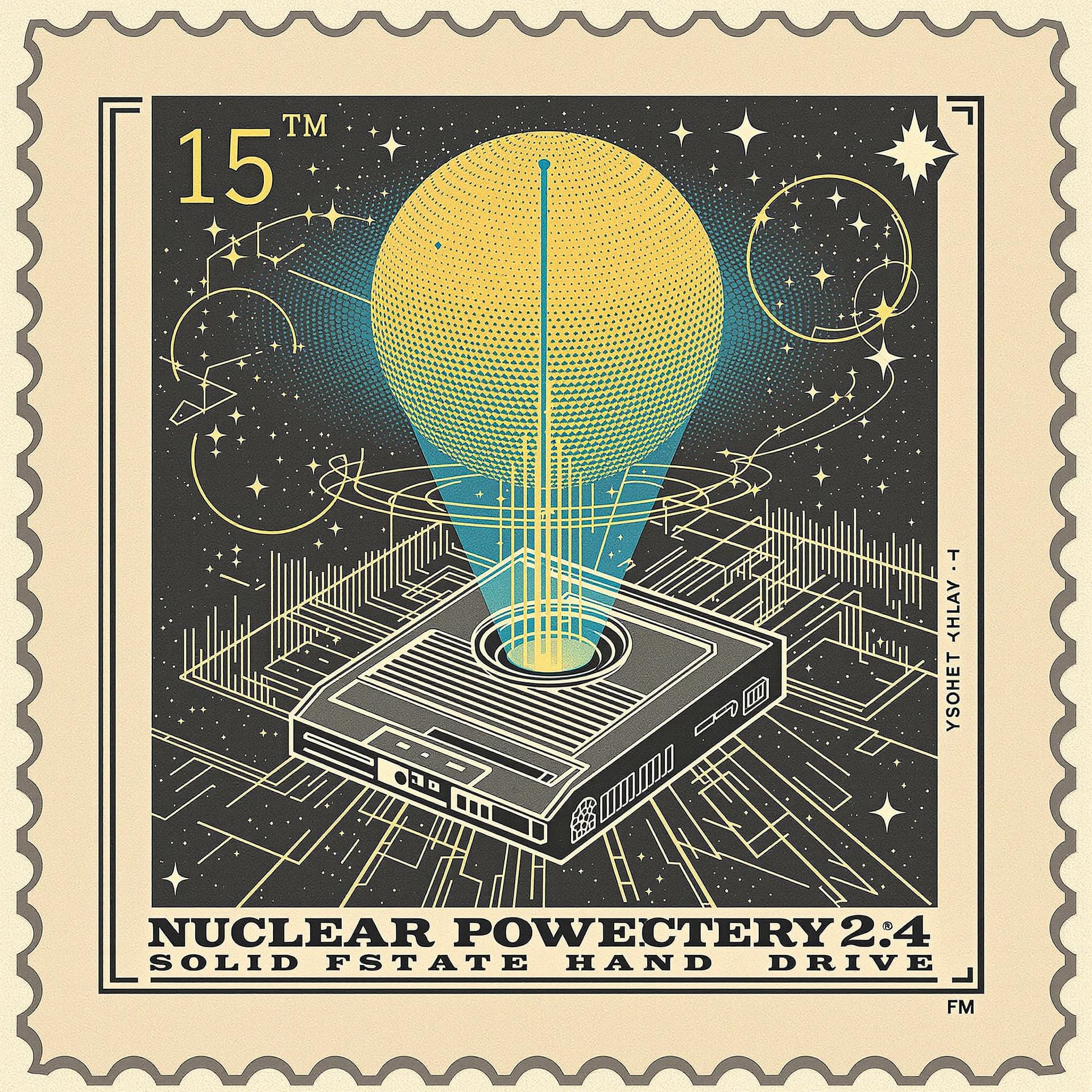 AI generated: stamp style, retro VCR player for mystical future laser solid state hard drive hardware, quantum com...