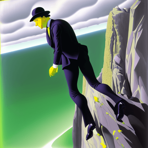 AI generated: Rene Magritte style, acrylic, bright yellow sharp colours, clean lines, thick ink lines, a man is st...