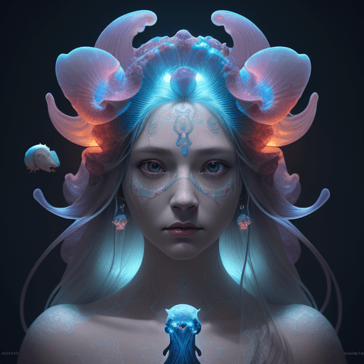 AI generated: Goddess close-up portrait ribcagel. jellyfish phoenix head, nautilus, orchid, skull, betta fish, bio...