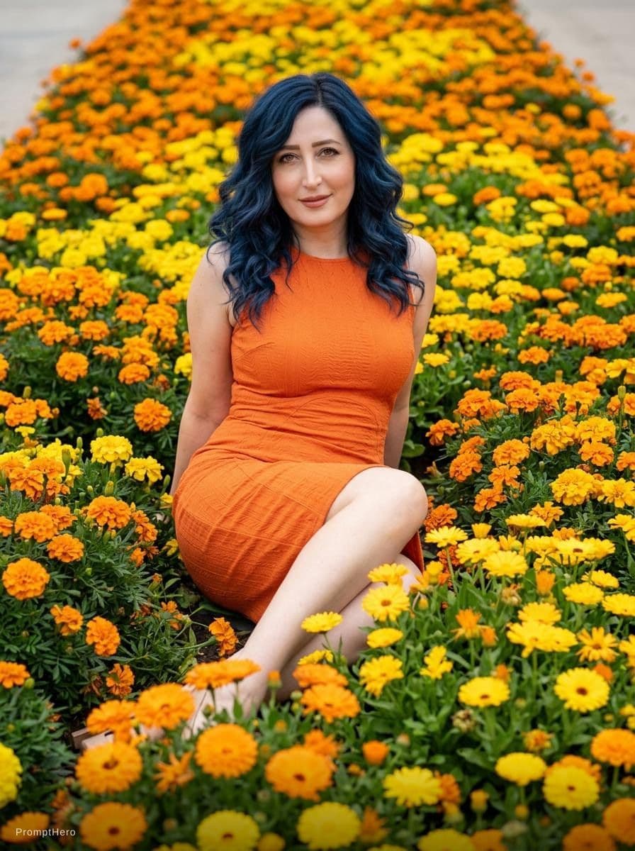 AI generated: beautiful fashion model with orange dress, and sitting on orange flowerbed, --ar 3:4