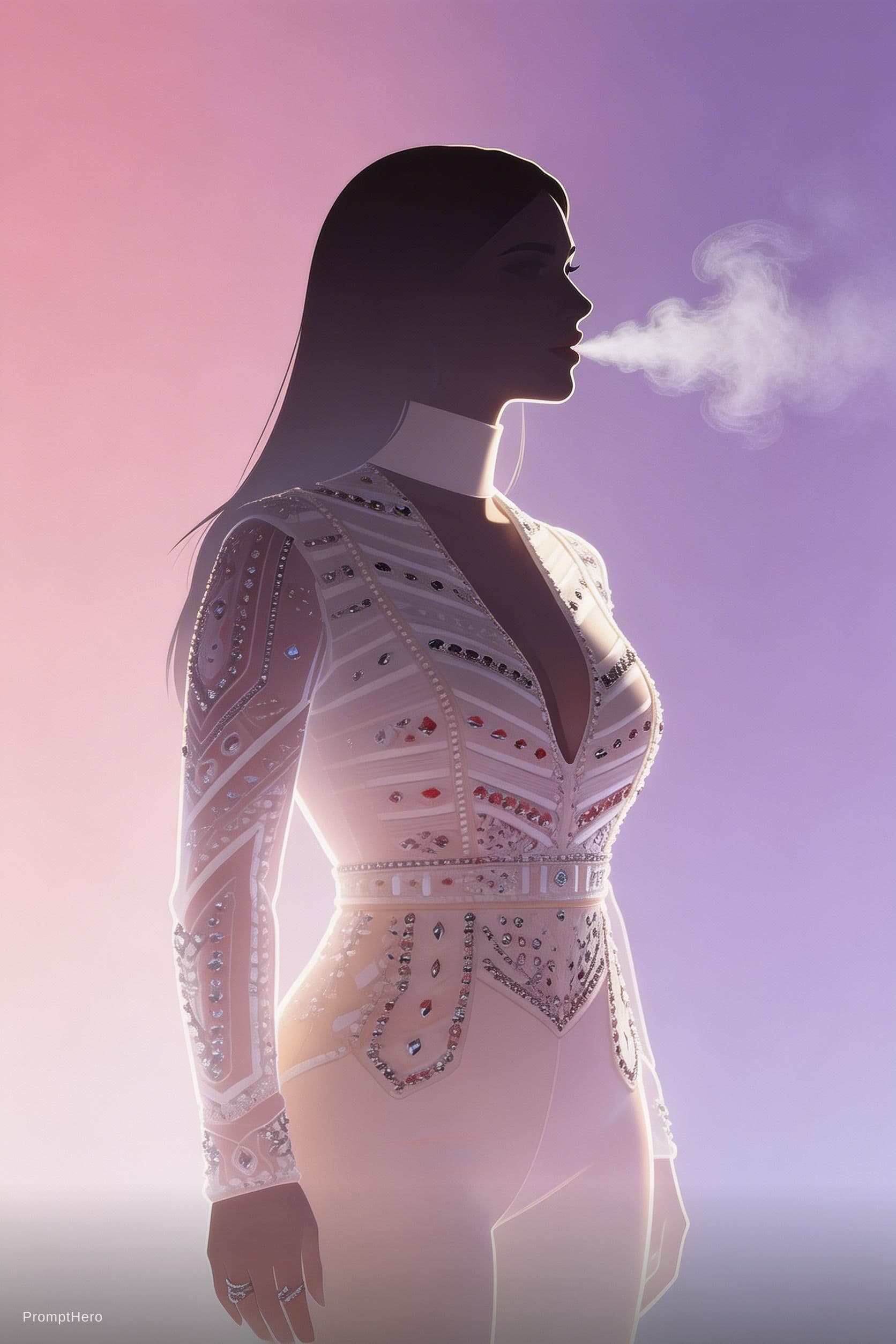 AI generated: Silhouette of a woman from the side::1.3, posed in stillness, exhaling mist that seems both flat and...