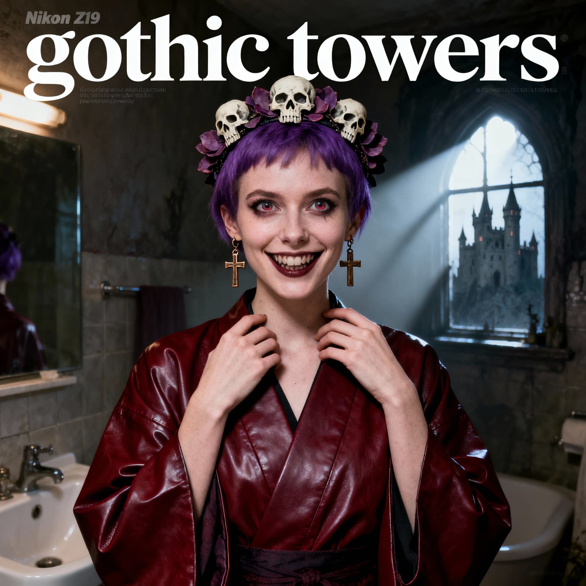 AI generated: Cover design of magazine “gothic towers”,film photography, Portrait of An scandanivian female model,...
