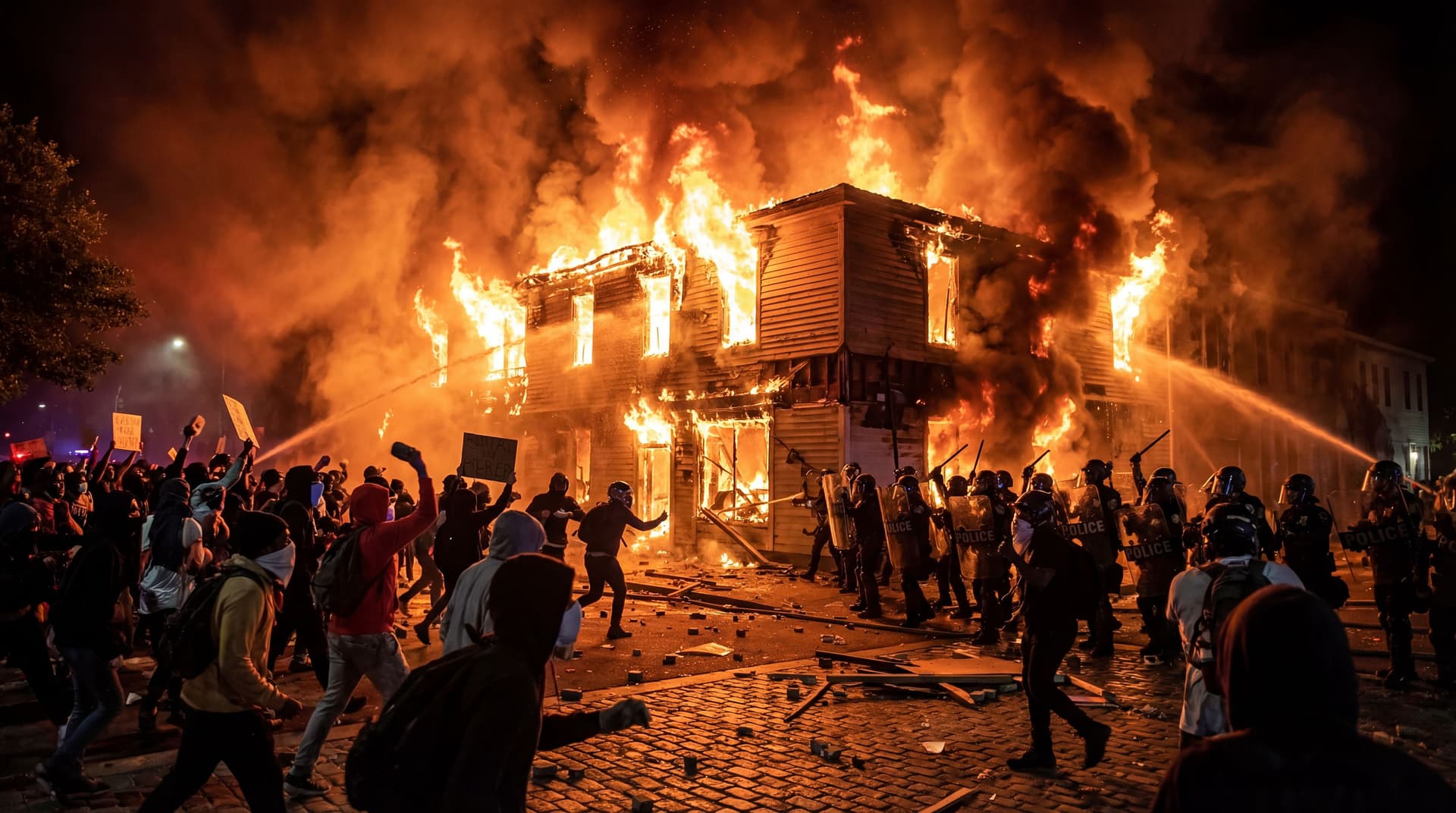 AI generated: make it into ultra realistic photo. riot and fire.