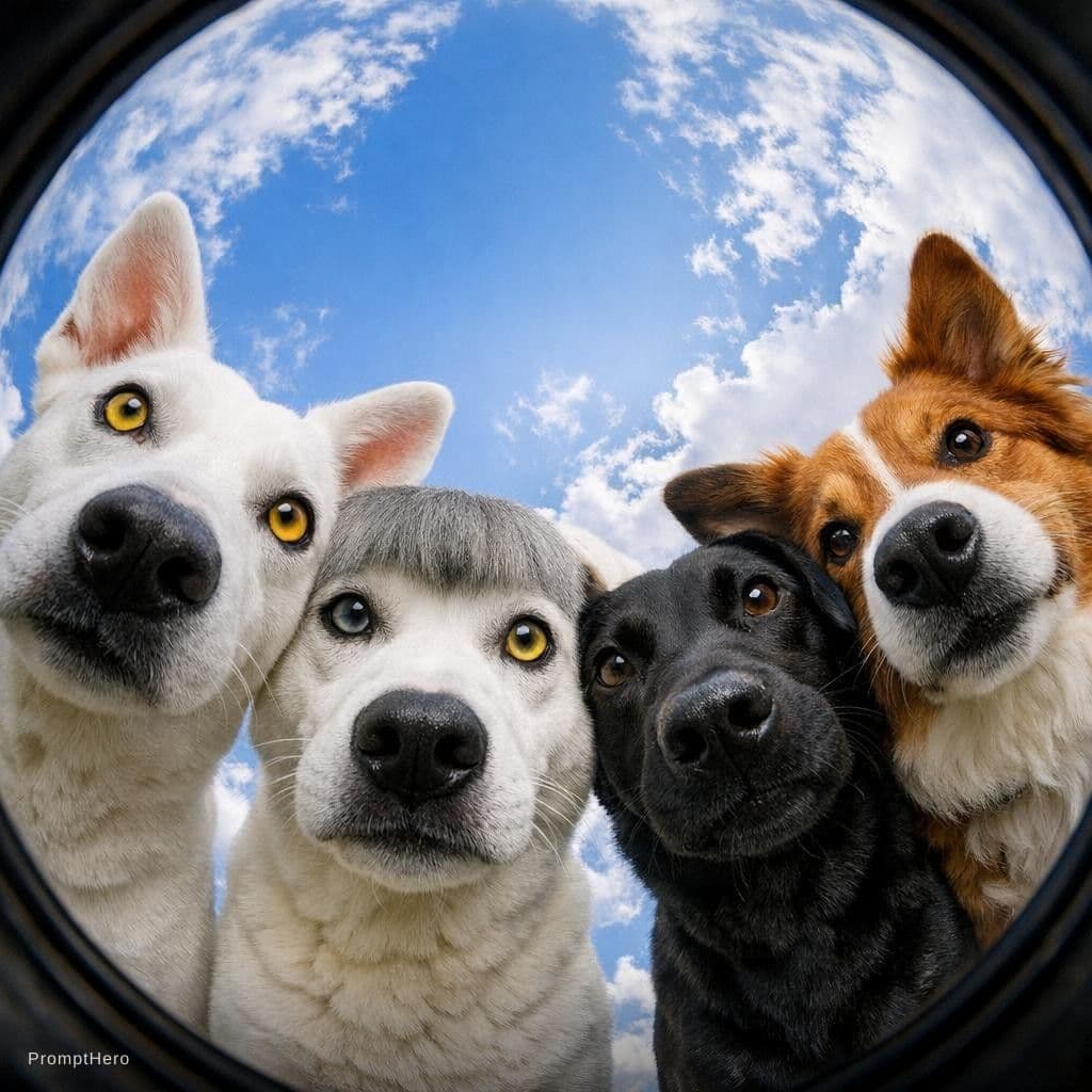 AI generated: a group of five dogs looking up at the sky from below with their heads together side by side, fishey...
