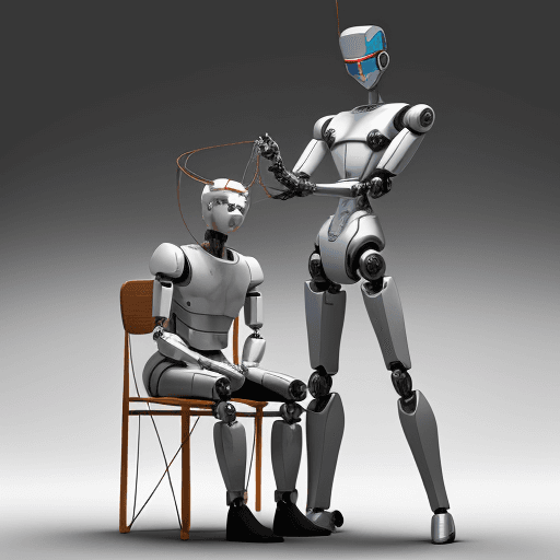 AI generated: Create a mental image of a robot holding a string, attached to a man who is behaving as a puppet. Th...