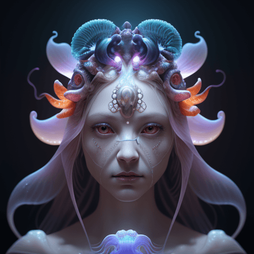 AI generated: Goddess close-up portrait ribcagel. jellyfish phoenix head, nautilus, orchid, skull, betta fish, bio...