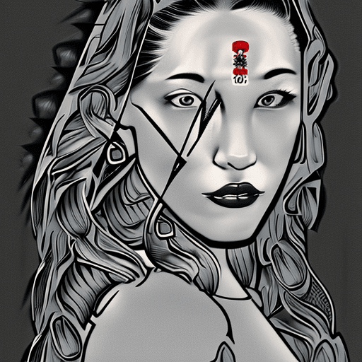 AI generated: a woman a tattoo on her arm and shoulder, in the style of mysterious beauty, algeapunk, asian-inspir...