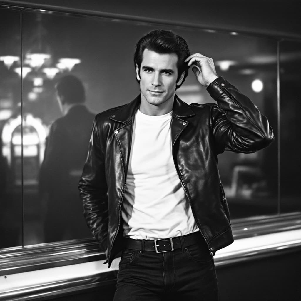 AI generated: A black-and-white scene captures the effortlessly cool essence of the Fonz from *Happy Days*. Standi...