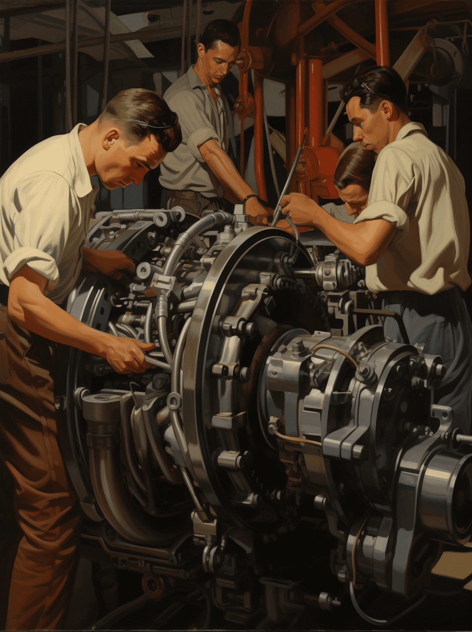 AI generated: A group of workers working on an engine in the style of Charles Sheeler. --v 5.2 --ar 95:128 