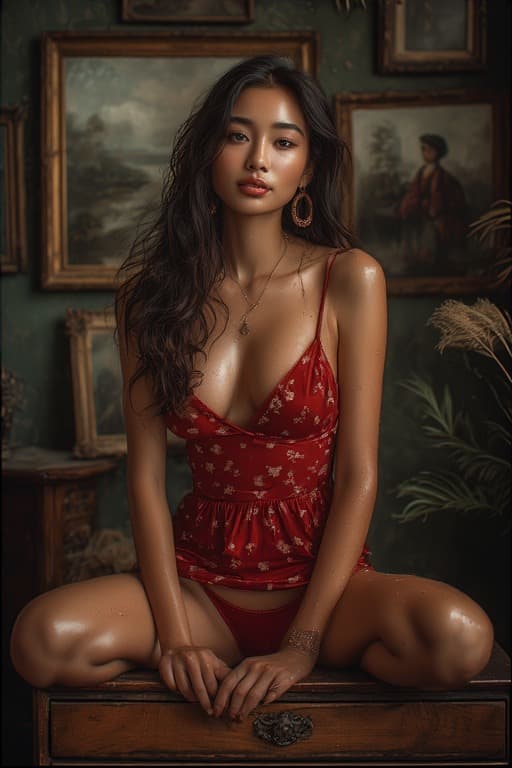 AI generated: A beautiful young Asian woman with long, dark, wavy hair and striking features, wearing a vibrant re...
