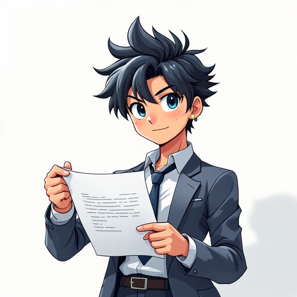 AI generated: anime character boy, He is boss. He hold the paper and looking the resume.