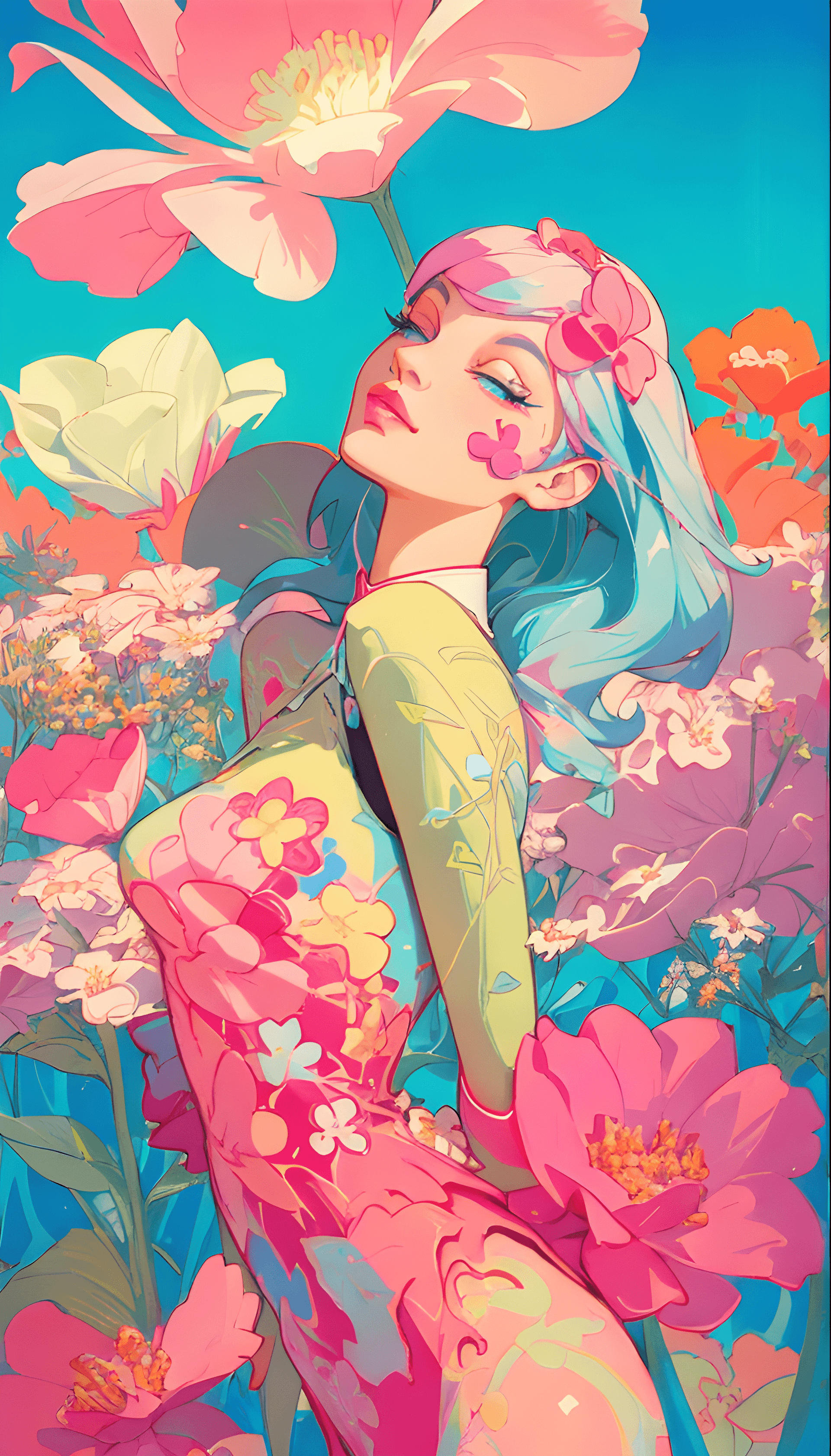 AI generated: a painting of a woman surrounded by flowers, digital art, inspired by James Jean, digital art, made ...