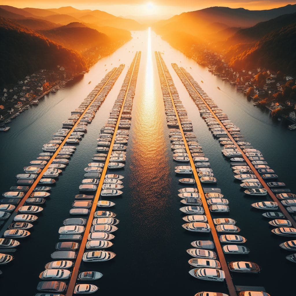 AI generated: two rows of pleasure boats on the opposite side with water between with sunset inbetween