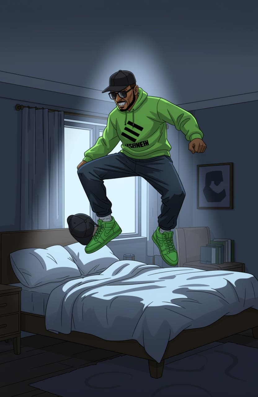AI generated: The moonlight shines during the day as he puts on his hat on this feet and jumps into bed as he begi...