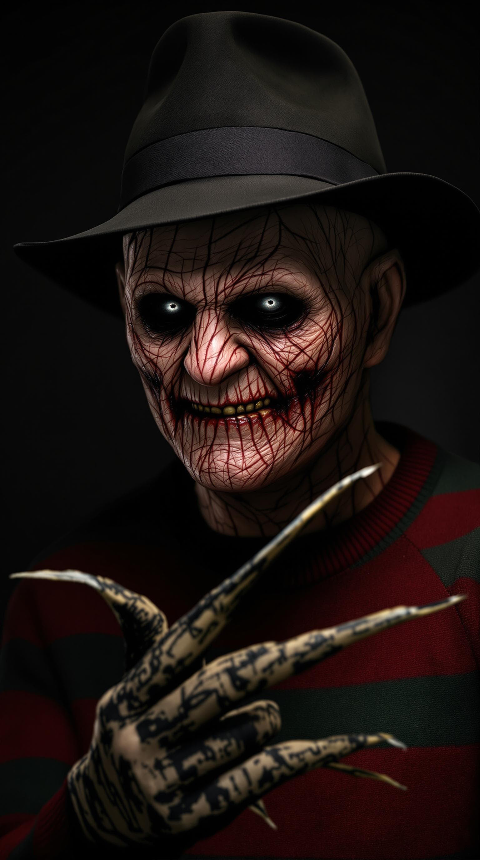 AI generated: Freddy Krueger
burned face man, fedora hat, red and green striped sweater, knife-glove, horror char...