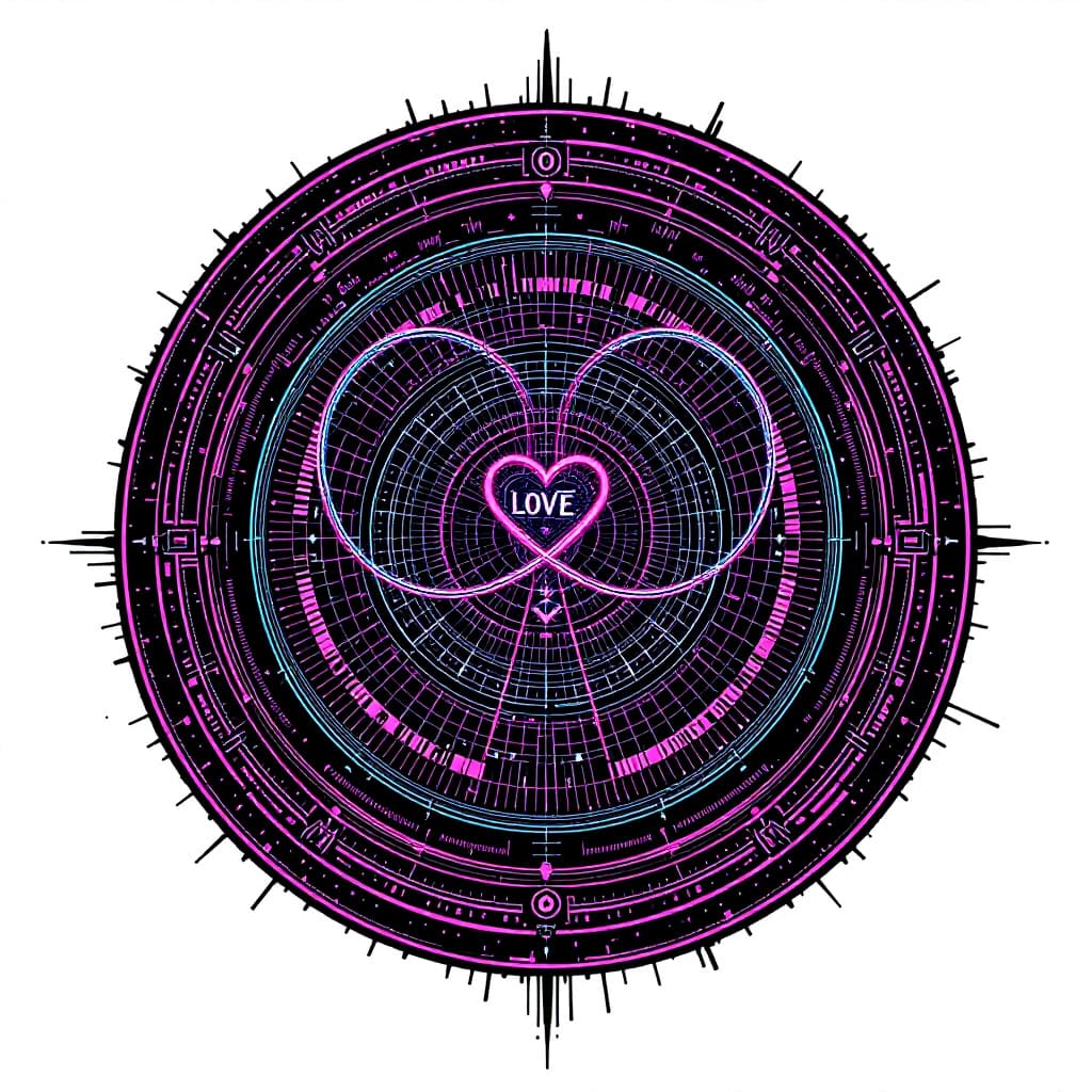 AI generated: A cyber punk unique love emblem in a circle on a white background