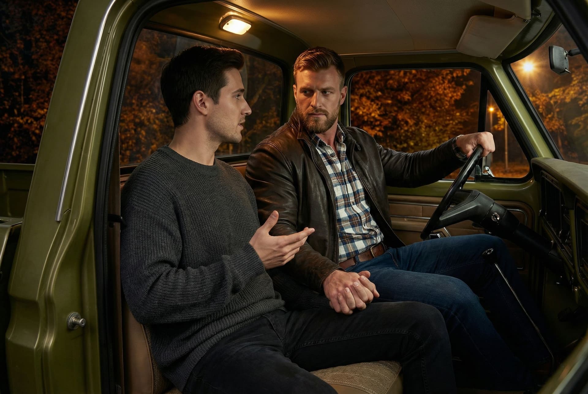 AI generated: In an Autumn night, the model is driving a Ford olive green pick up truck. 

He is driving the pick ...