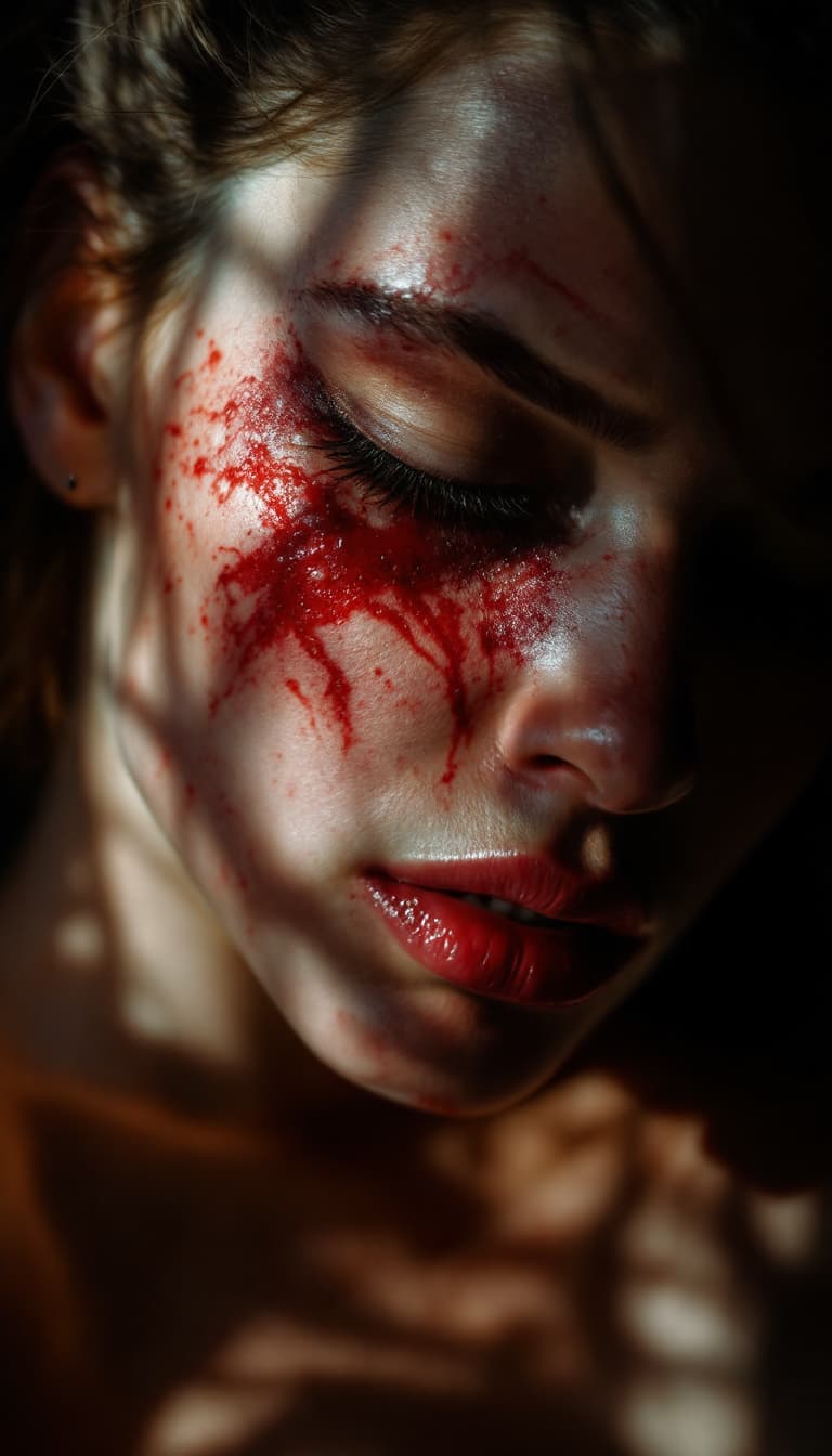 AI generated: high-resolution photograph, woman, ugly scar in the face, exposed body,  stunning use of shadows, in...